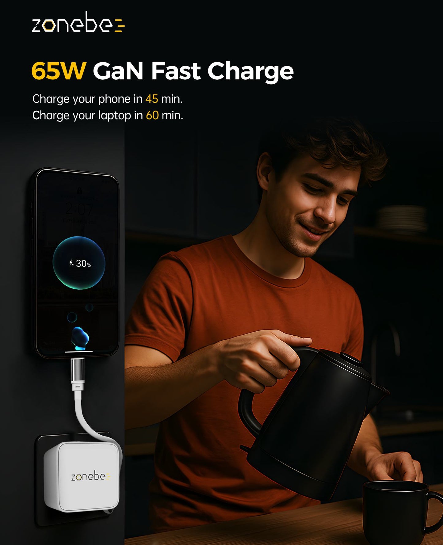 35W GaN Fast Charger with Retractable Cable
