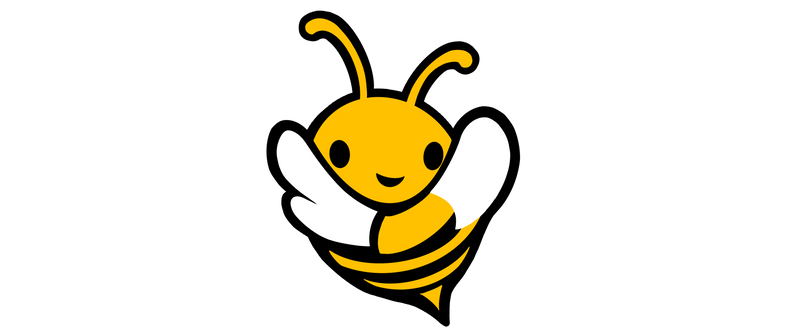 Yellow bee logo with a happy expression on a white background